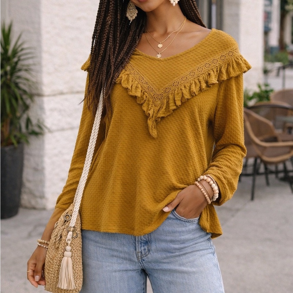 J Crew Mustard Textured Ruffle Blouse Small Boho Lace Trim Top